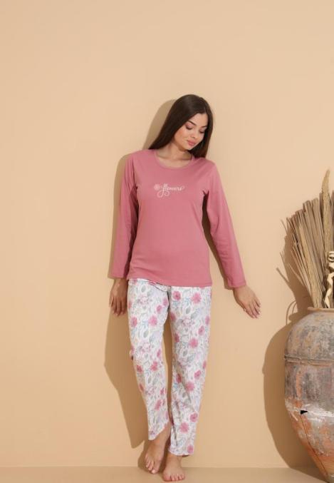 Pijama Dama „Flowers'" ,Pantaloni si Maneca Lunga,Culoare Roz Prafuit,Engros